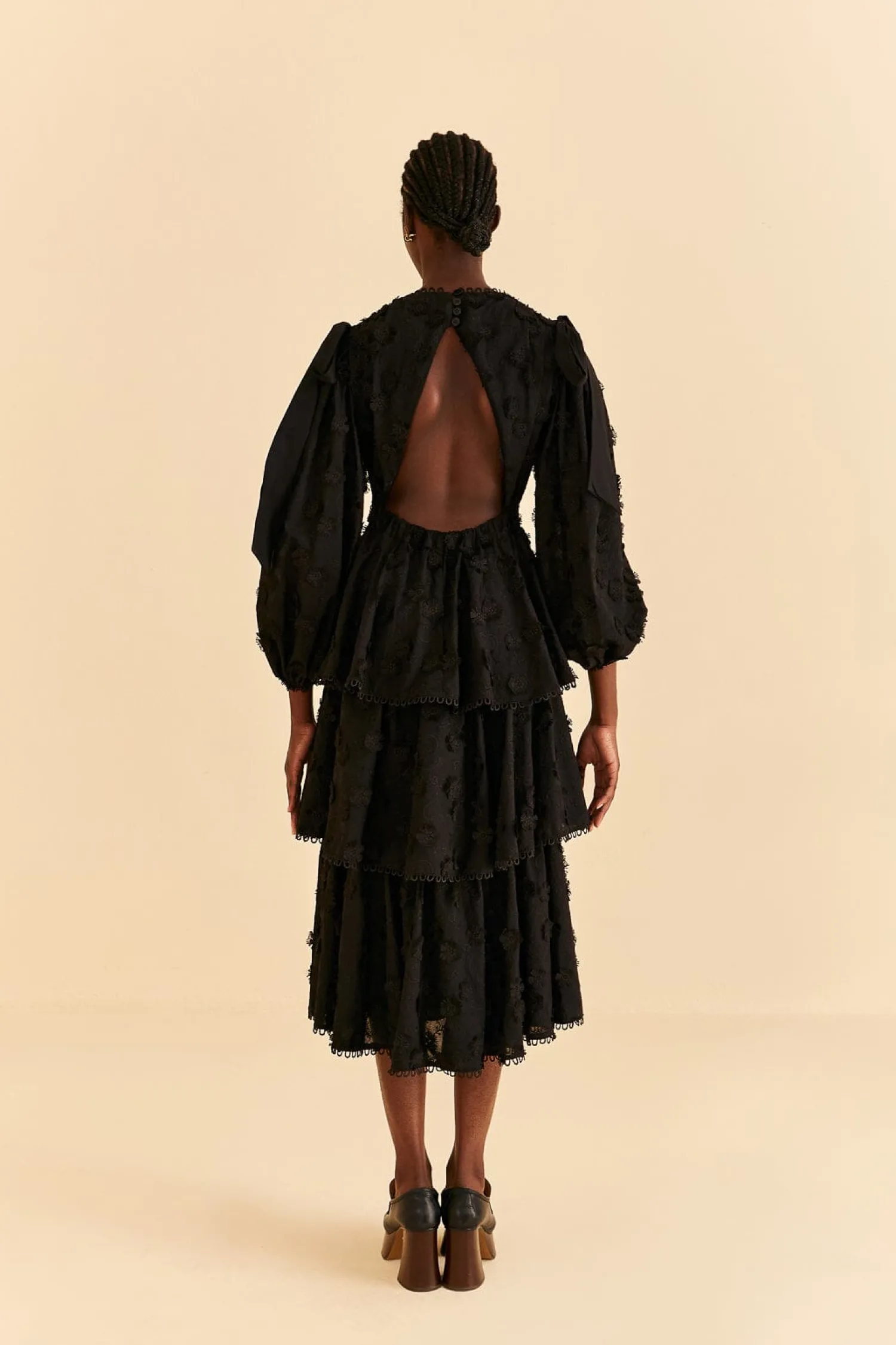 FARM Rio BLACK FLOWERS TEXTURED TIERED MIDI DRESS