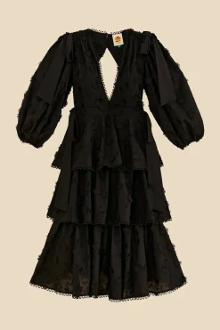FARM Rio BLACK FLOWERS TEXTURED TIERED MIDI DRESS