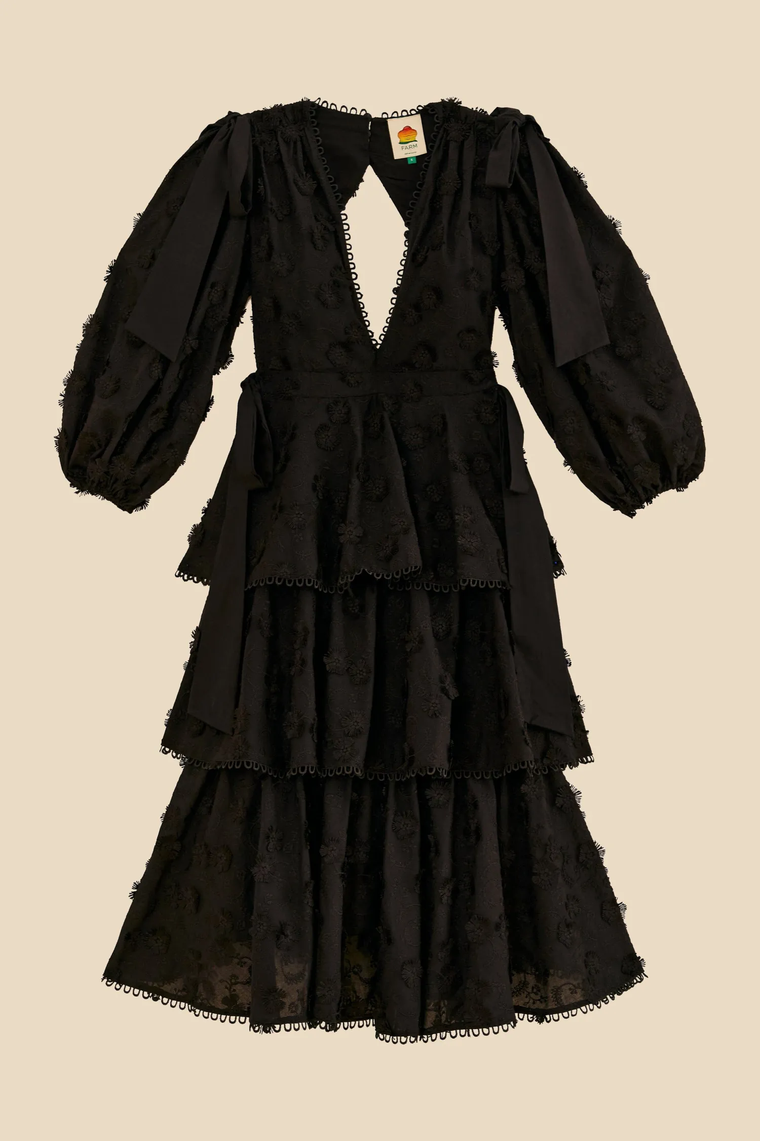FARM Rio BLACK FLOWERS TEXTURED TIERED MIDI DRESS