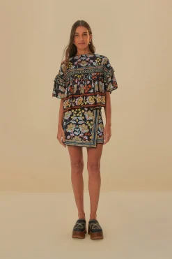 FARM Rio  BLACK FLOWERY RUFFLE BLOUSE