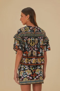 FARM Rio BLACK FLOWERY RUFFLE BLOUSE