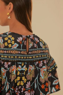 FARM Rio BLACK FLOWERY RUFFLE BLOUSE