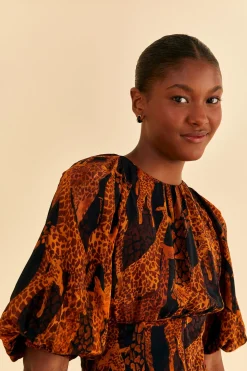 FARM Rio BLACK GIRAFFES PUFF SLEEVE BLOUSE