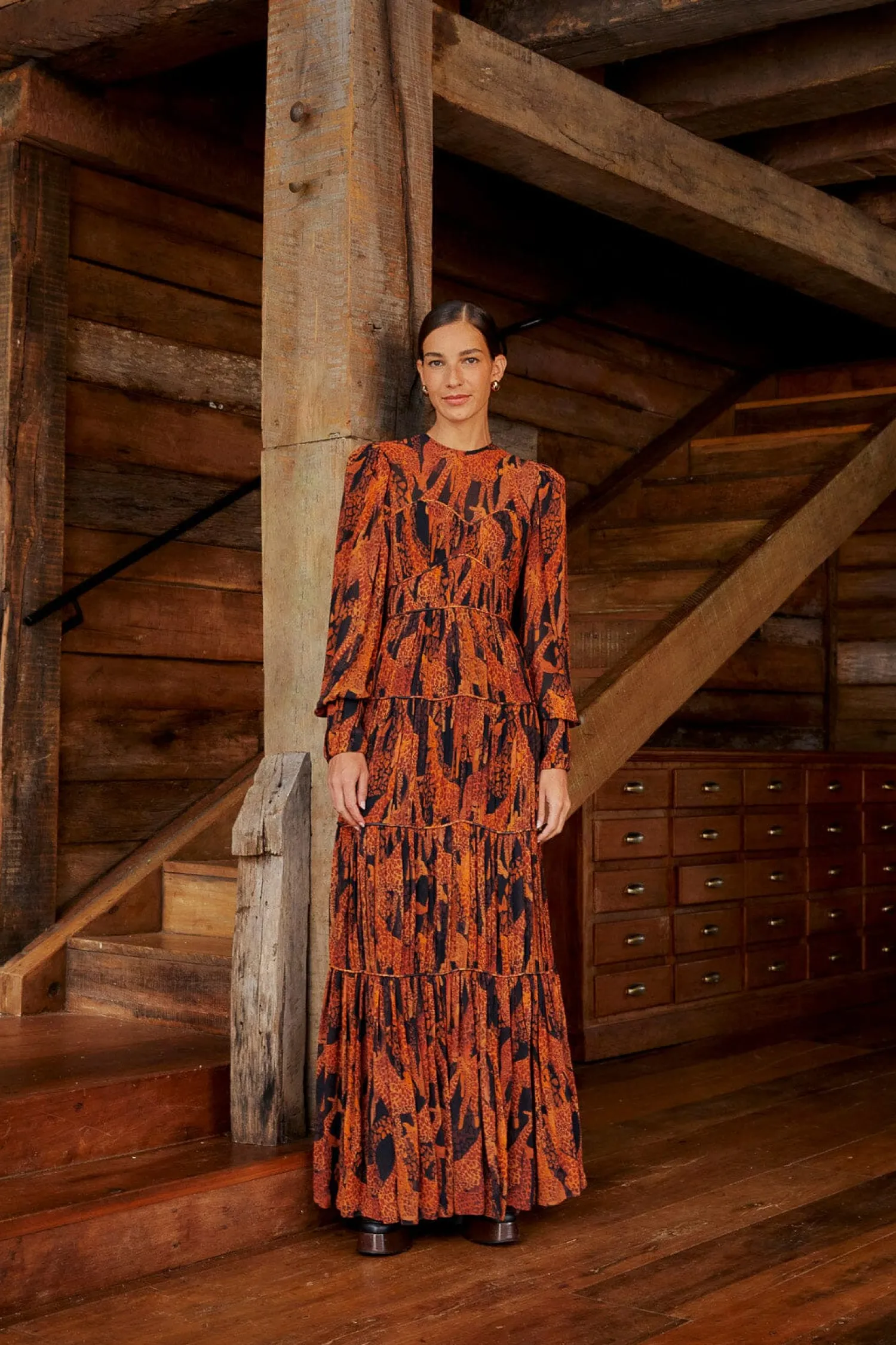 FARM Rio BLACK GIRAFFES PUFF SLEEVE MAXI DRESS