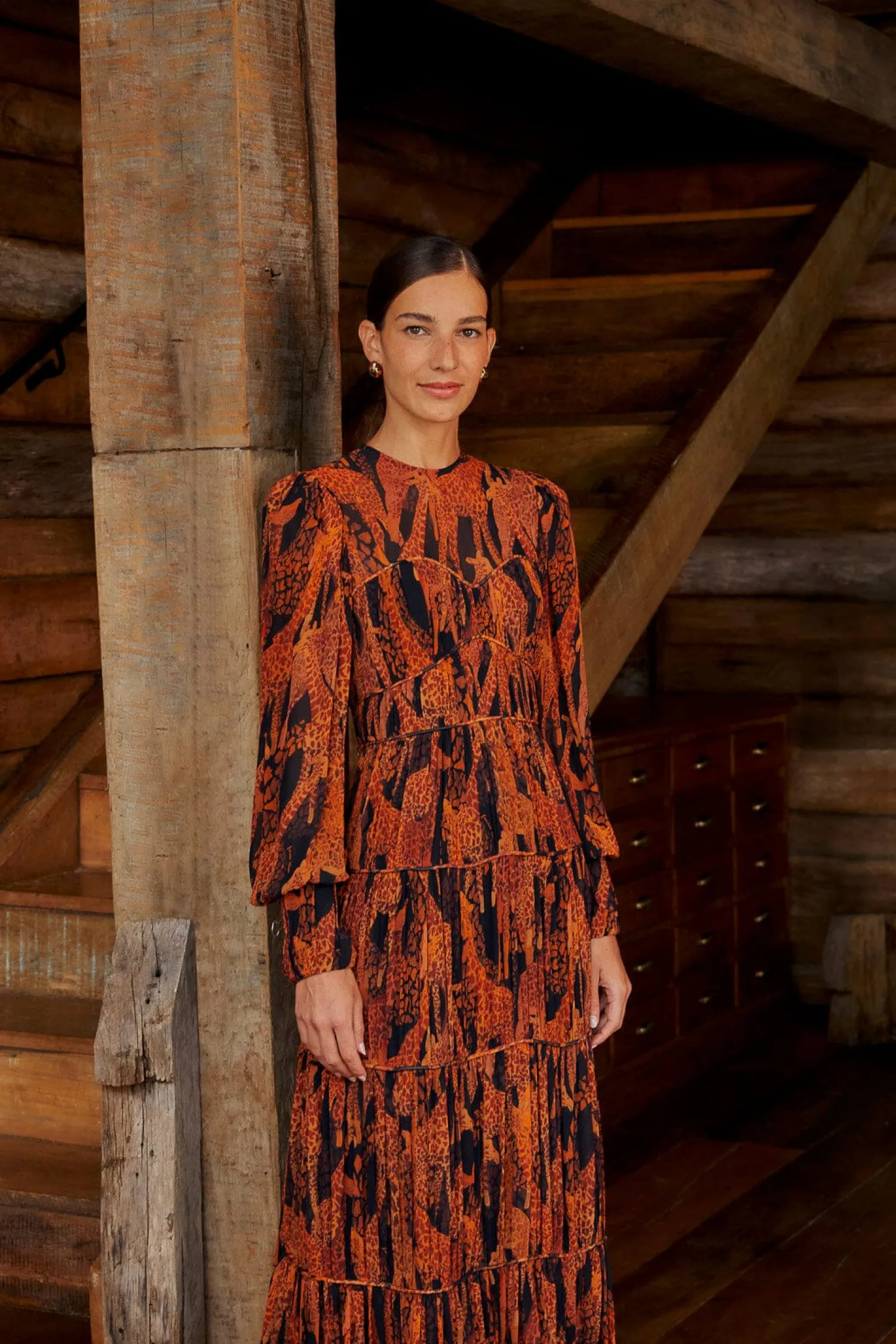 FARM Rio BLACK GIRAFFES PUFF SLEEVE MAXI DRESS