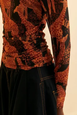FARM Rio  BLACK GIRAFFES TULLE BLOUSE