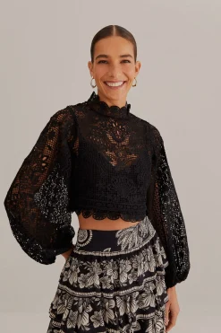 FARM Rio BLACK GUIPURE LONG SLEEVE BLOUSE