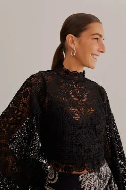 FARM Rio BLACK GUIPURE LONG SLEEVE BLOUSE