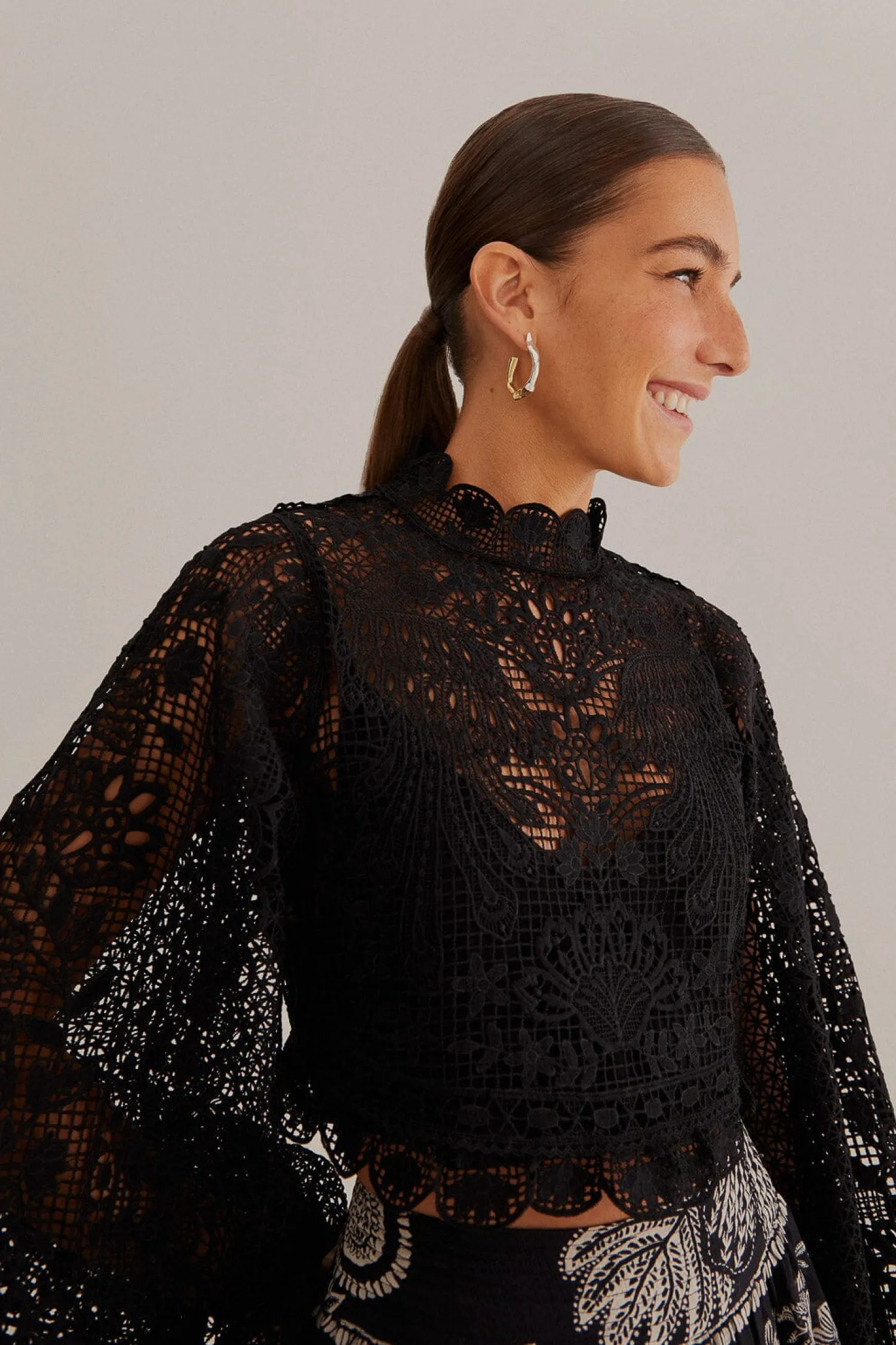 FARM Rio BLACK GUIPURE LONG SLEEVE BLOUSE