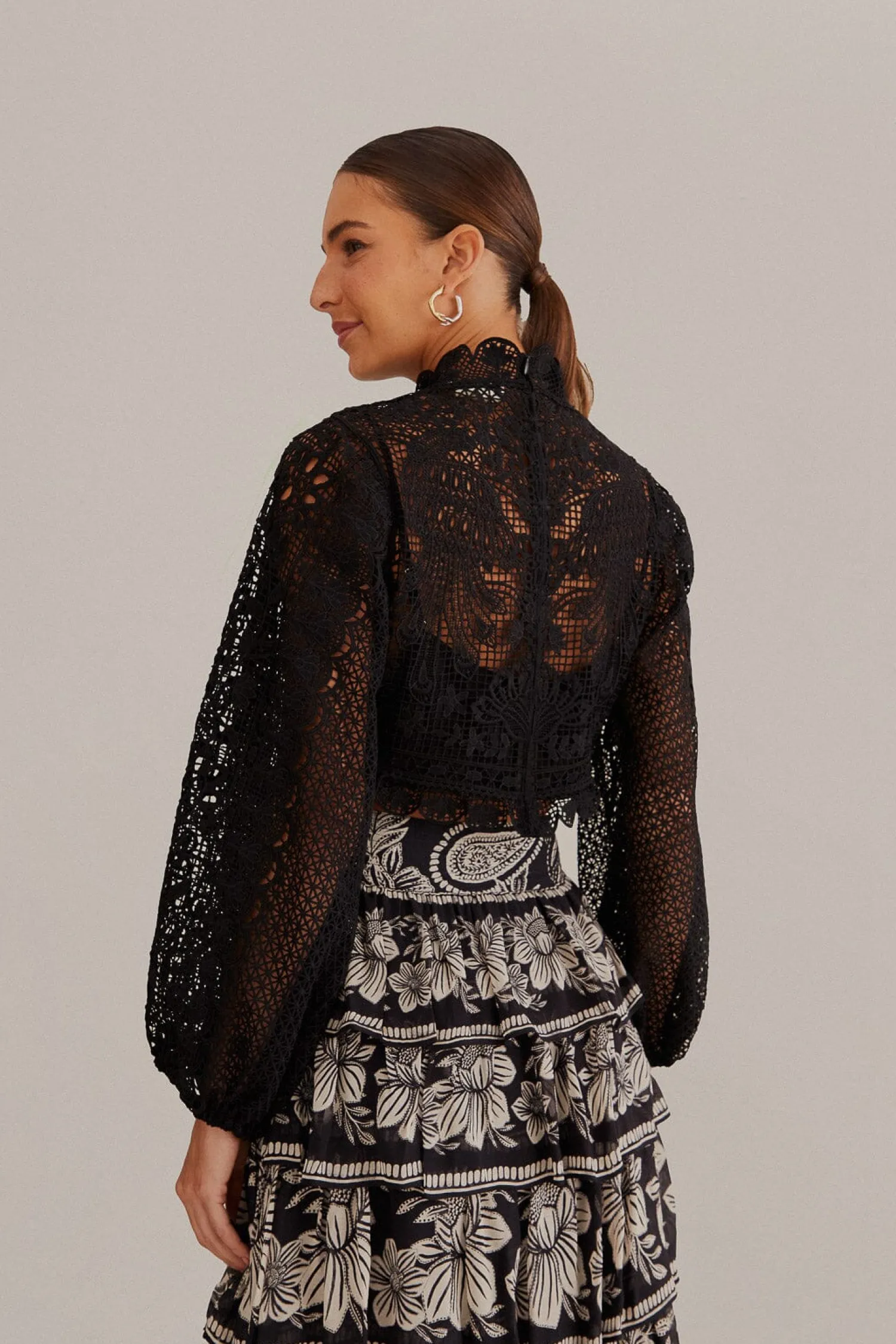 FARM Rio BLACK GUIPURE LONG SLEEVE BLOUSE