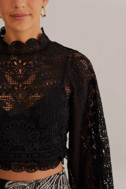 FARM Rio BLACK GUIPURE LONG SLEEVE BLOUSE