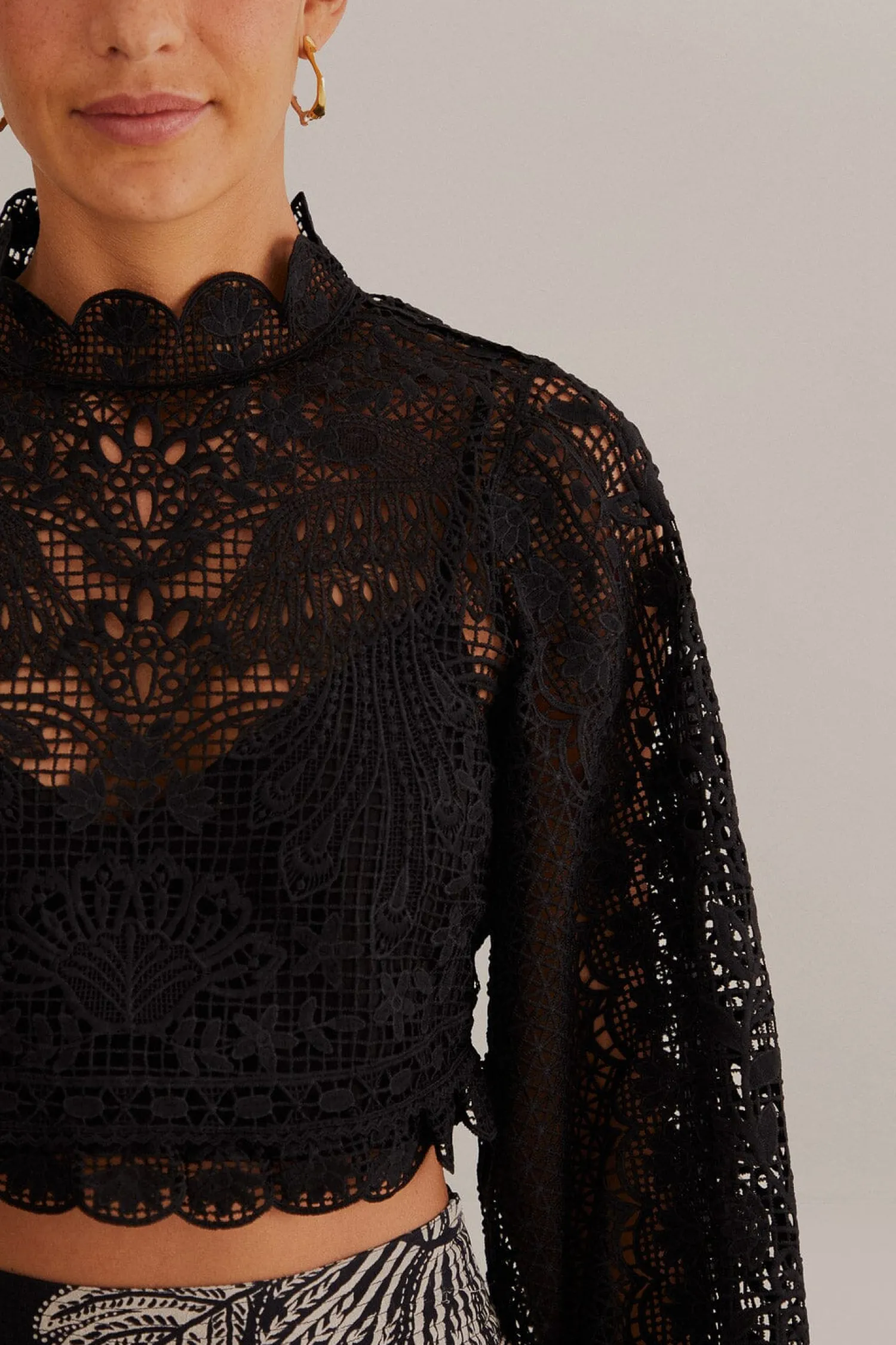 FARM Rio BLACK GUIPURE LONG SLEEVE BLOUSE