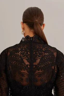 FARM Rio BLACK GUIPURE LONG SLEEVE BLOUSE