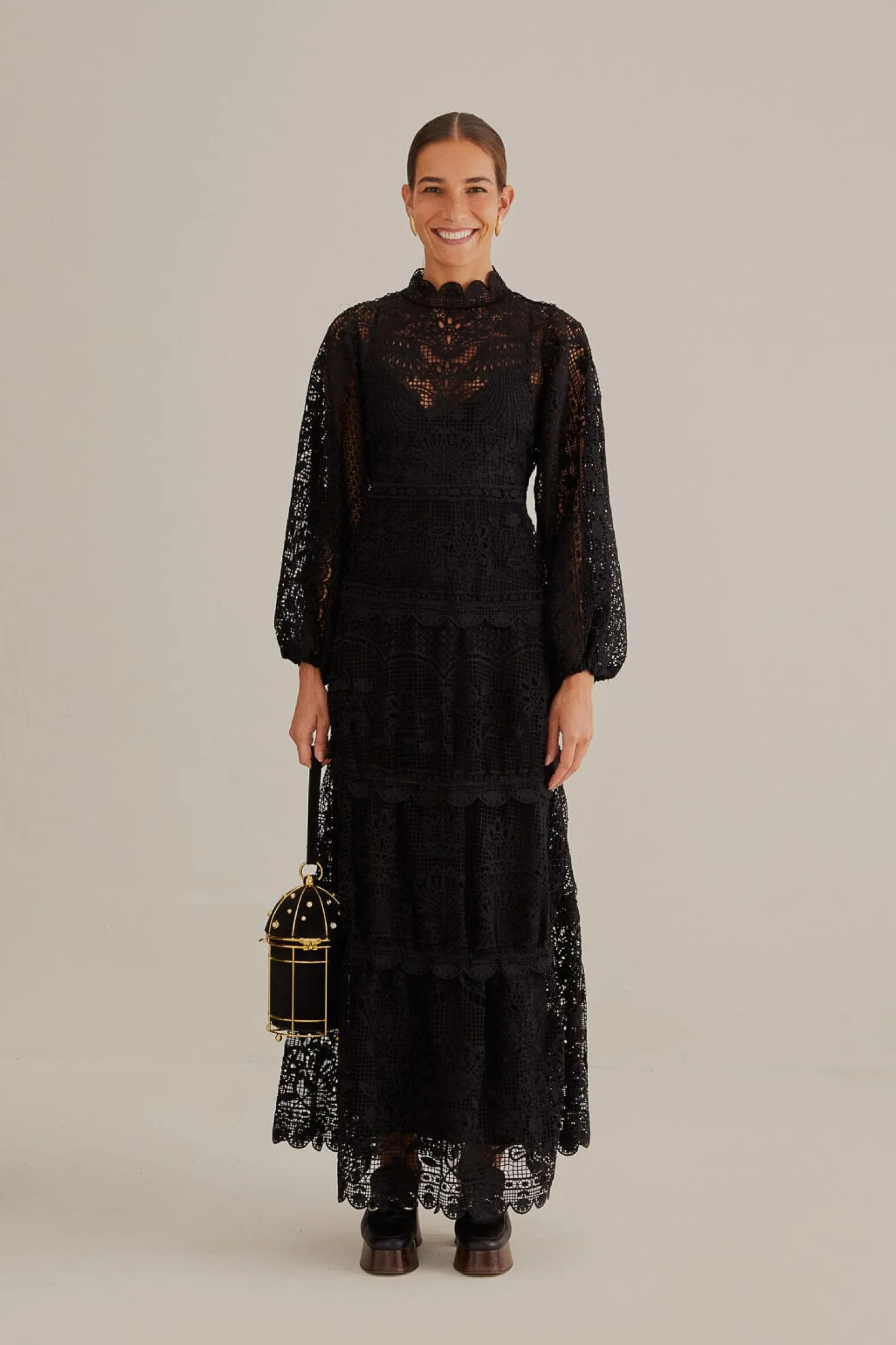 FARM Rio BLACK GUIPURE LONG SLEEVE MAXI DRESS