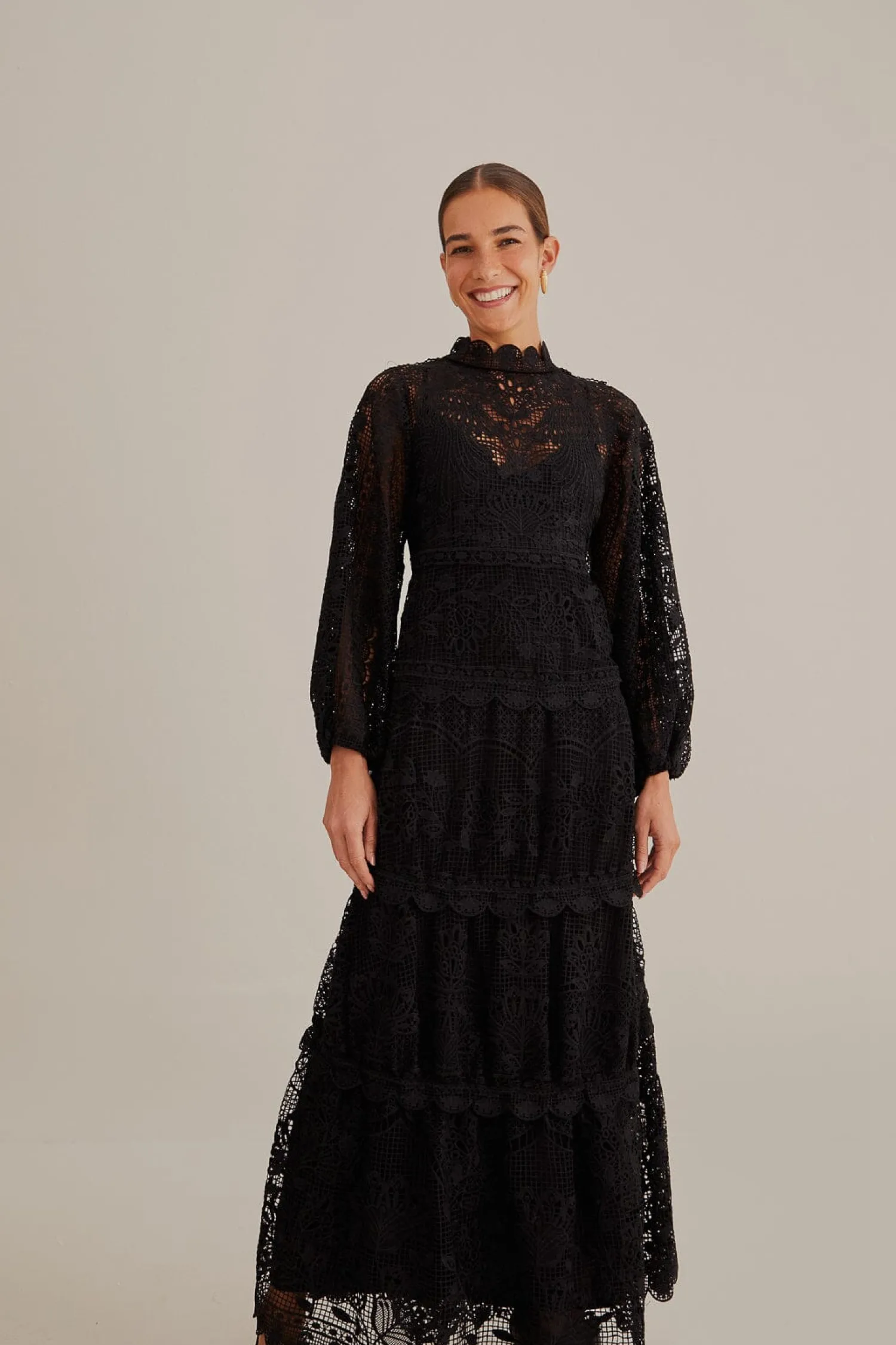 FARM Rio BLACK GUIPURE LONG SLEEVE MAXI DRESS