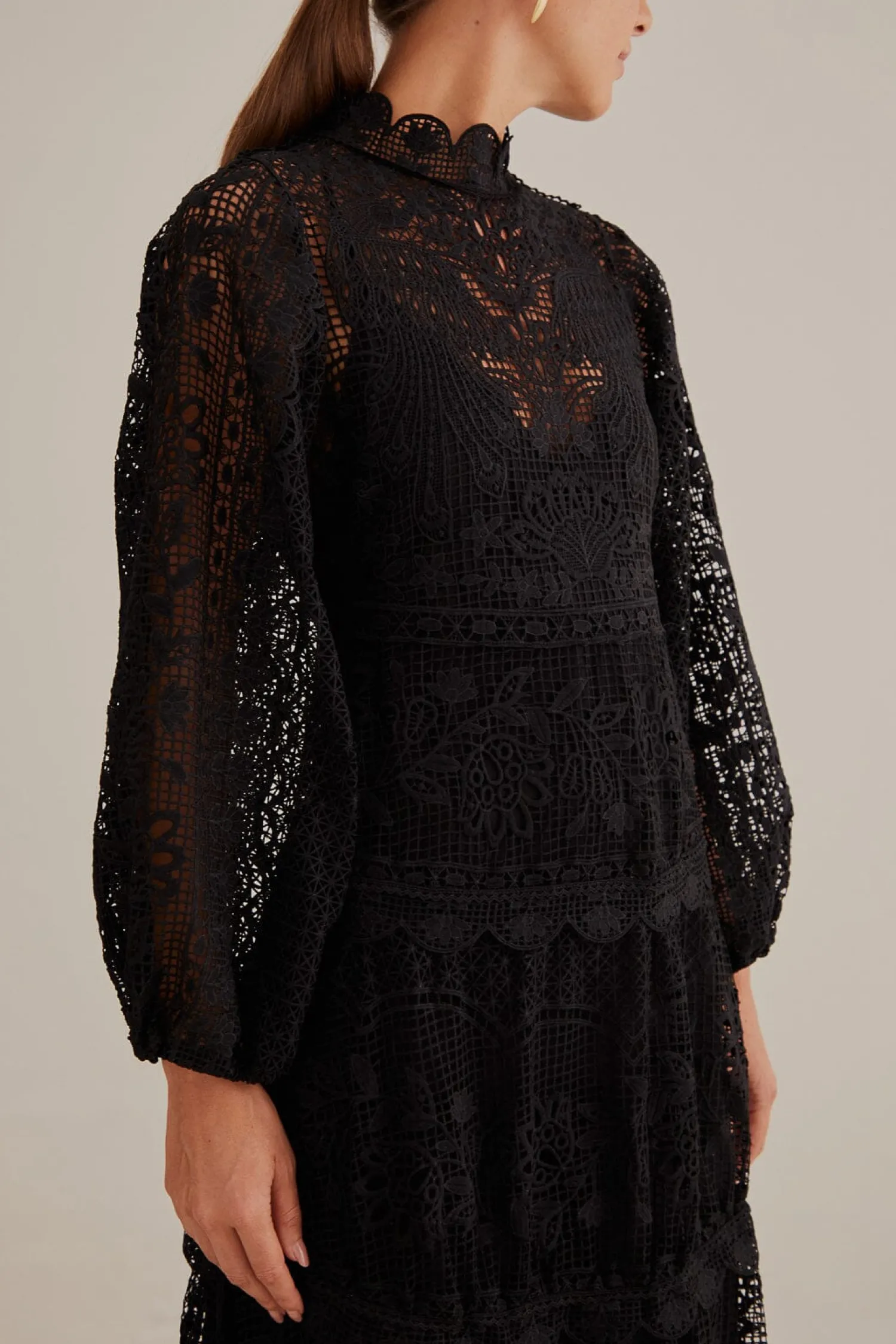 FARM Rio BLACK GUIPURE LONG SLEEVE MAXI DRESS