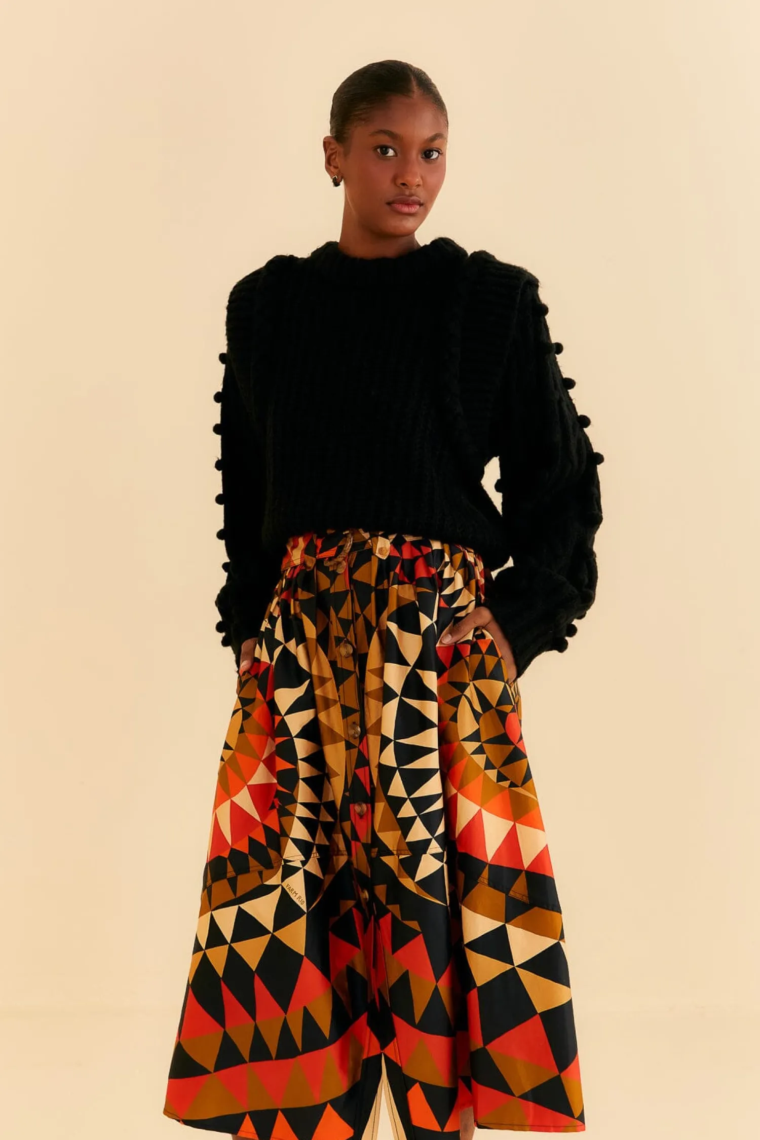 FARM Rio BLACK HEART DECO BUTTON DOWN MIDI SKIRT