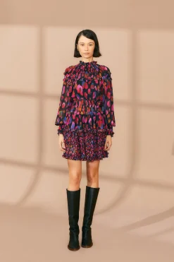 FARM Rio BLACK IRIDESCENT LEOPARDS RUFFLE MINI DRESS