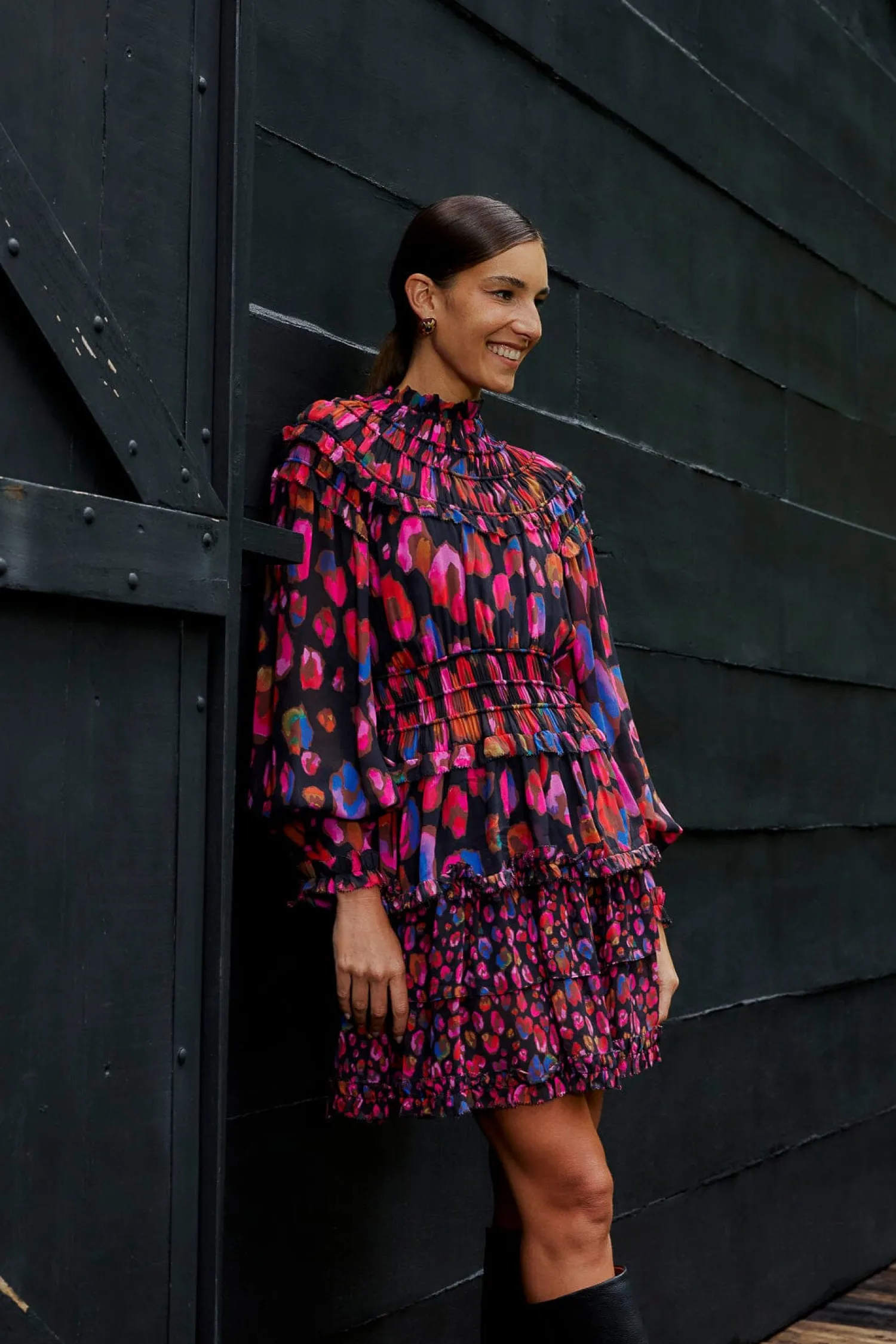 FARM Rio BLACK IRIDESCENT LEOPARDS RUFFLE MINI DRESS