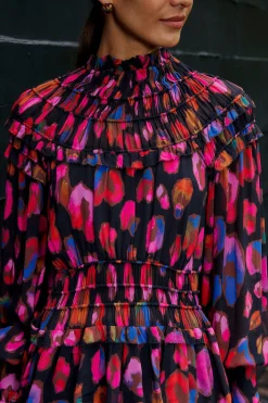 FARM Rio BLACK IRIDESCENT LEOPARDS RUFFLE MINI DRESS