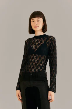 FARM Rio BLACK LACE LONG SLEEVE BLOUSE