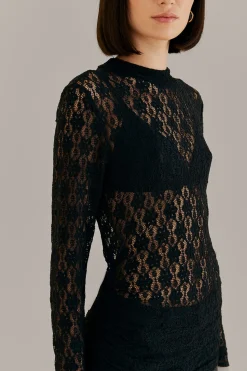 FARM Rio  BLACK LACE LONG SLEEVE BLOUSE
