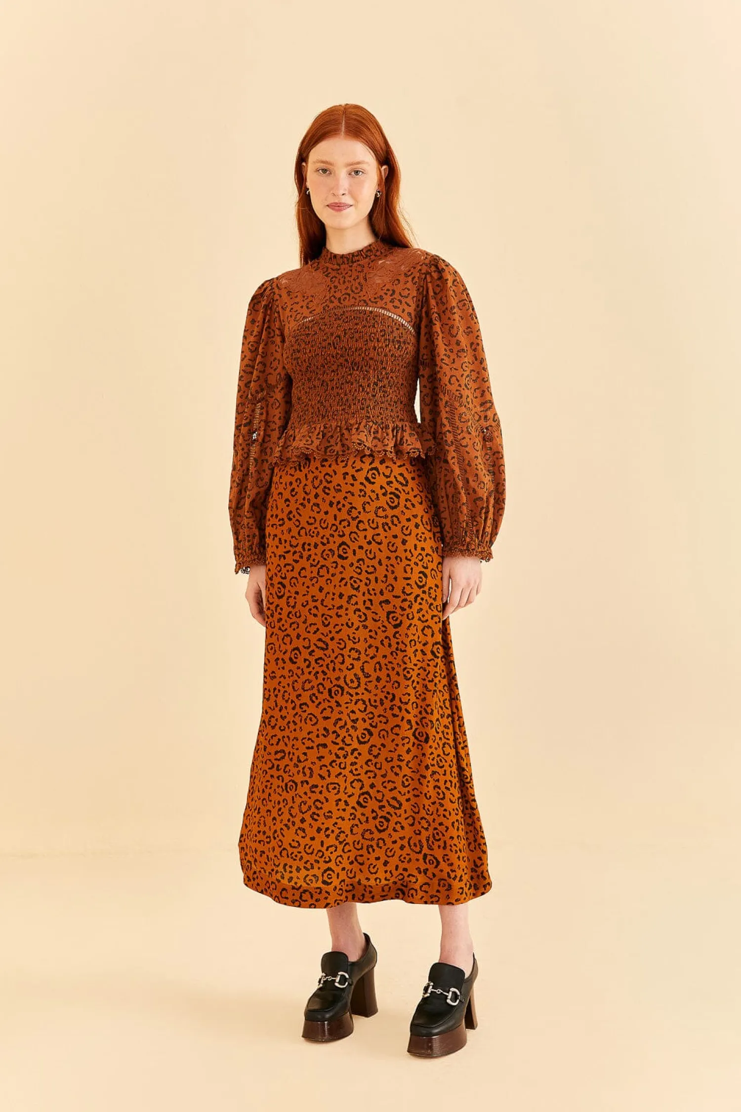 FARM Rio BLACK LEOPARDS TEXTURE MIDI SKIRT
