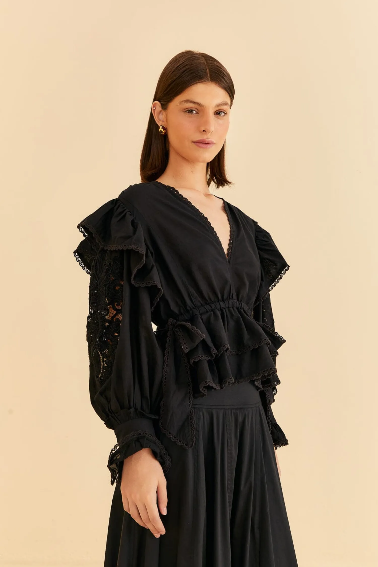 FARM Rio BLACK LONG SLEEVE V NECKLINE BLOUSE