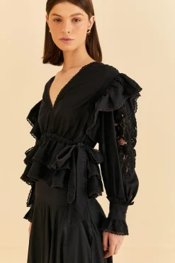 FARM Rio  BLACK LONG SLEEVE V NECKLINE BLOUSE