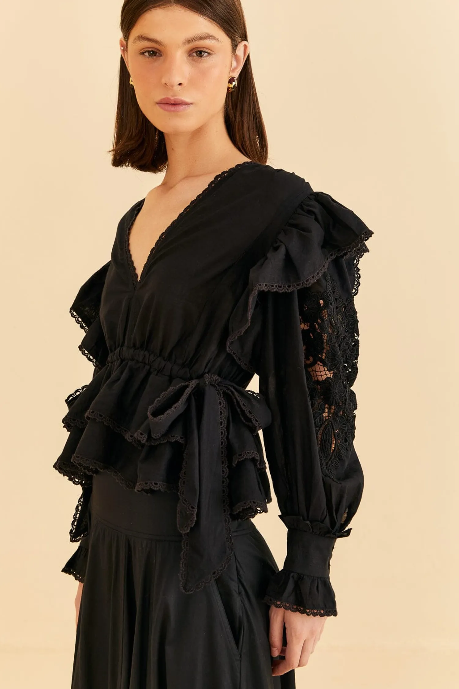 FARM Rio BLACK LONG SLEEVE V NECKLINE BLOUSE