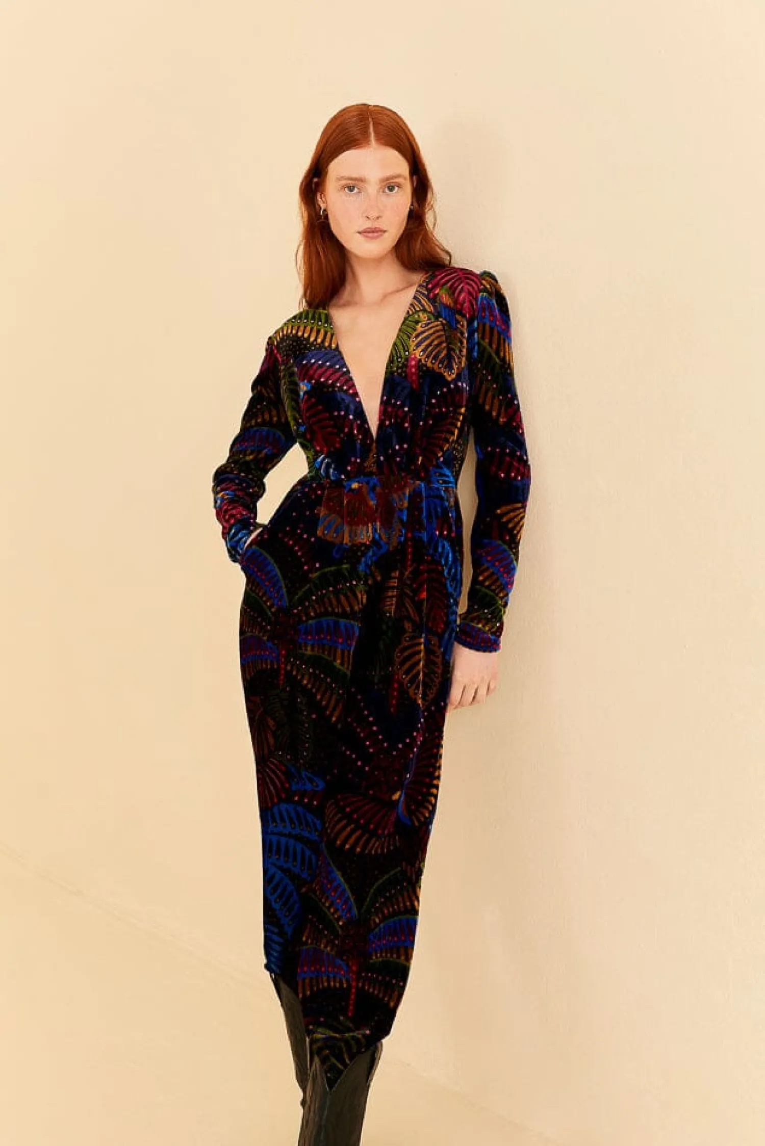 FARM Rio BLACK MIDNIGHT ISLAND V NECK VELVET JUMPSUIT