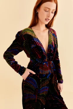 FARM Rio BLACK MIDNIGHT ISLAND V NECK VELVET JUMPSUIT