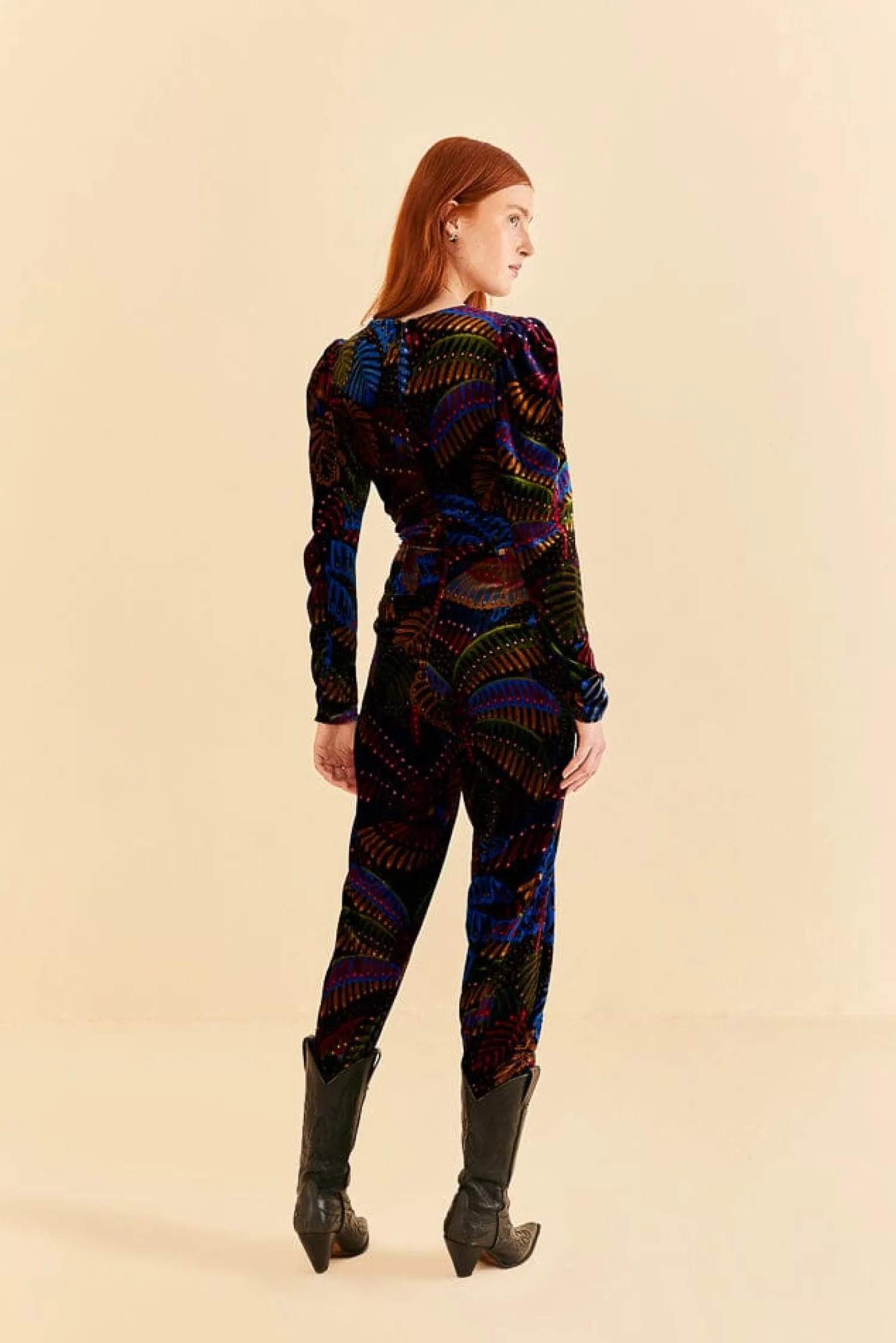 FARM Rio BLACK MIDNIGHT ISLAND V NECK VELVET JUMPSUIT
