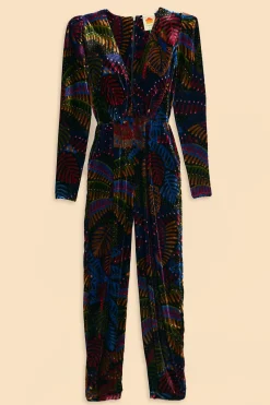 FARM Rio BLACK MIDNIGHT ISLAND V NECK VELVET JUMPSUIT