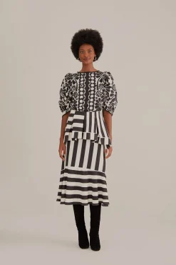 FARM Rio  BLACK MIXED STRIPES MIDI SKIRT