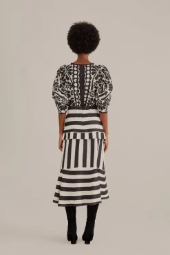 FARM Rio  BLACK MIXED STRIPES MIDI SKIRT