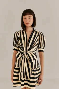 FARM Rio BLACK MIXED STRIPES SHORT SLEEVE MINI DRESS