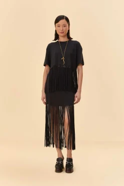 FARM Rio  BLACK ORGANIC COTTON FRINGE MIDI  SKIRT