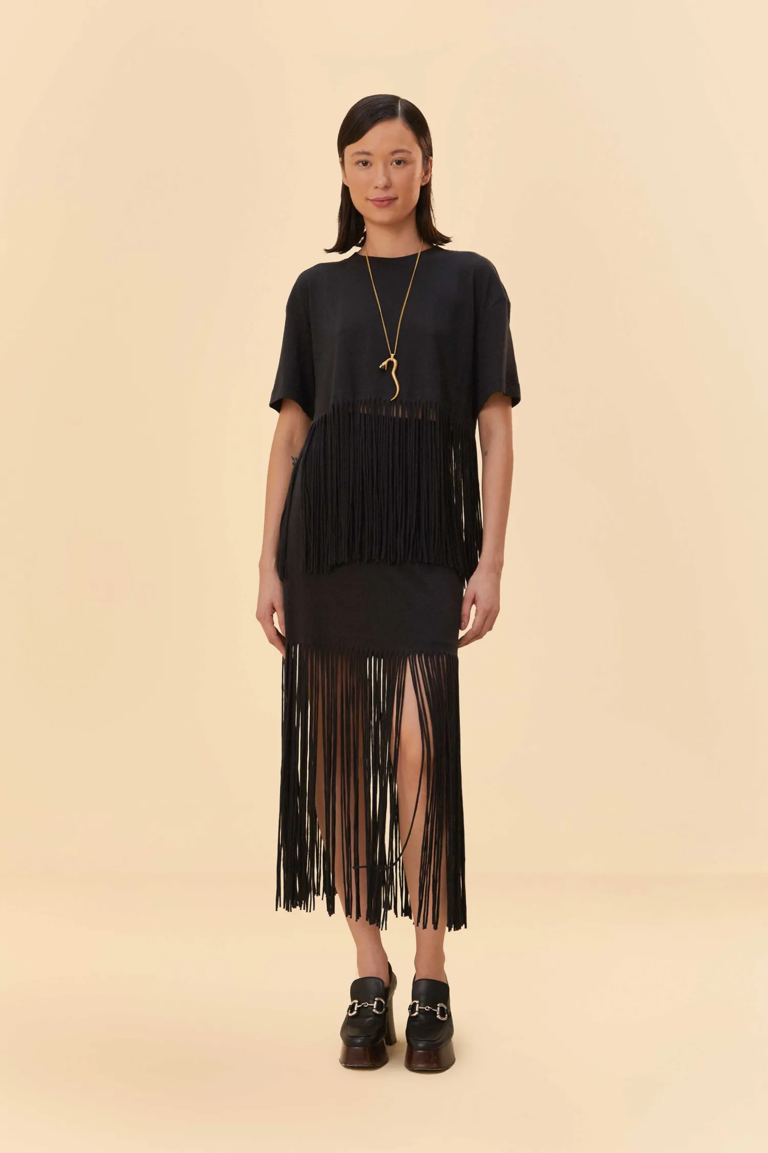 FARM Rio BLACK ORGANIC COTTON FRINGE MIDI SKIRT