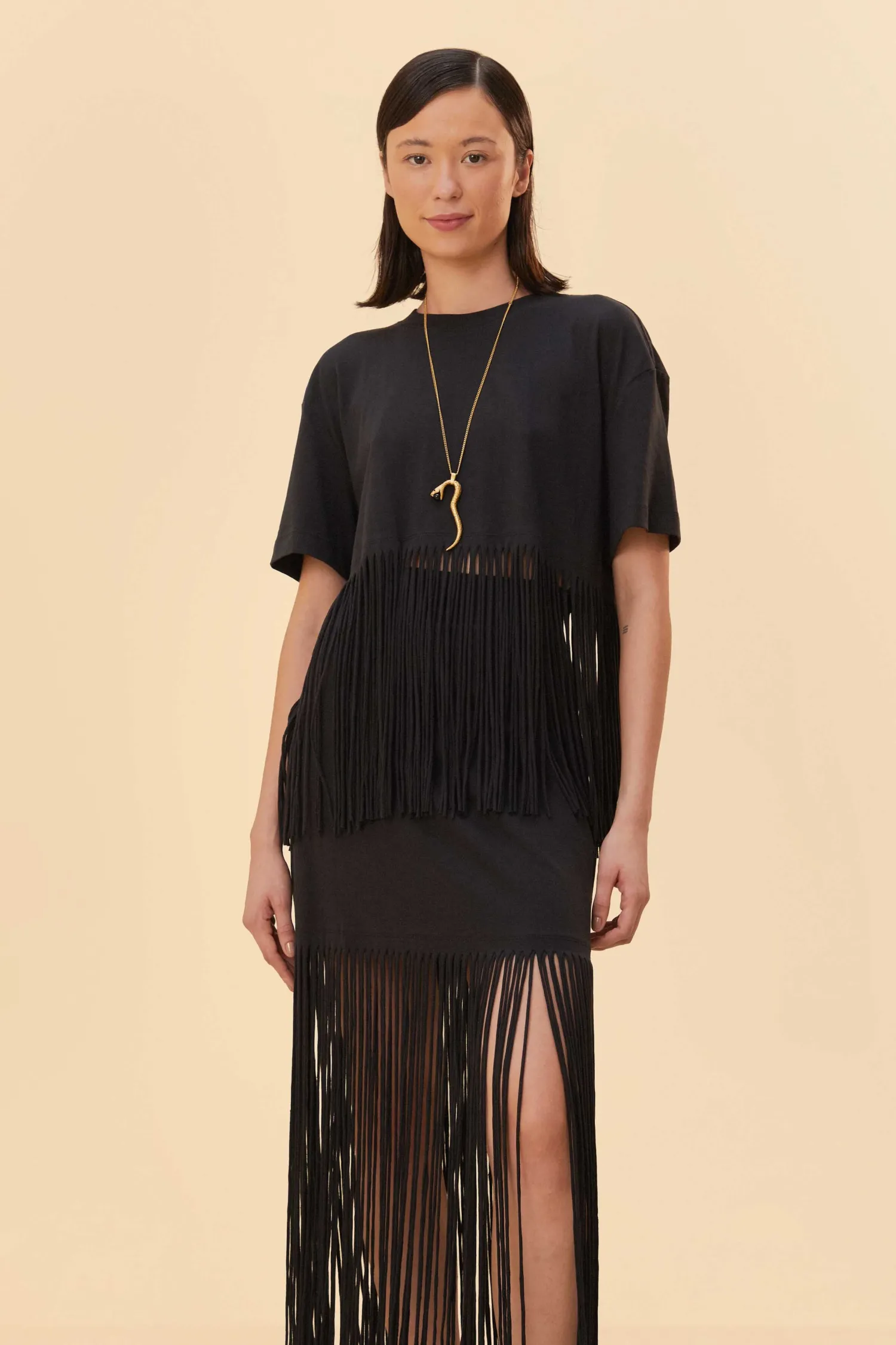 FARM Rio BLACK ORGANIC COTTON FRINGE MIDI SKIRT