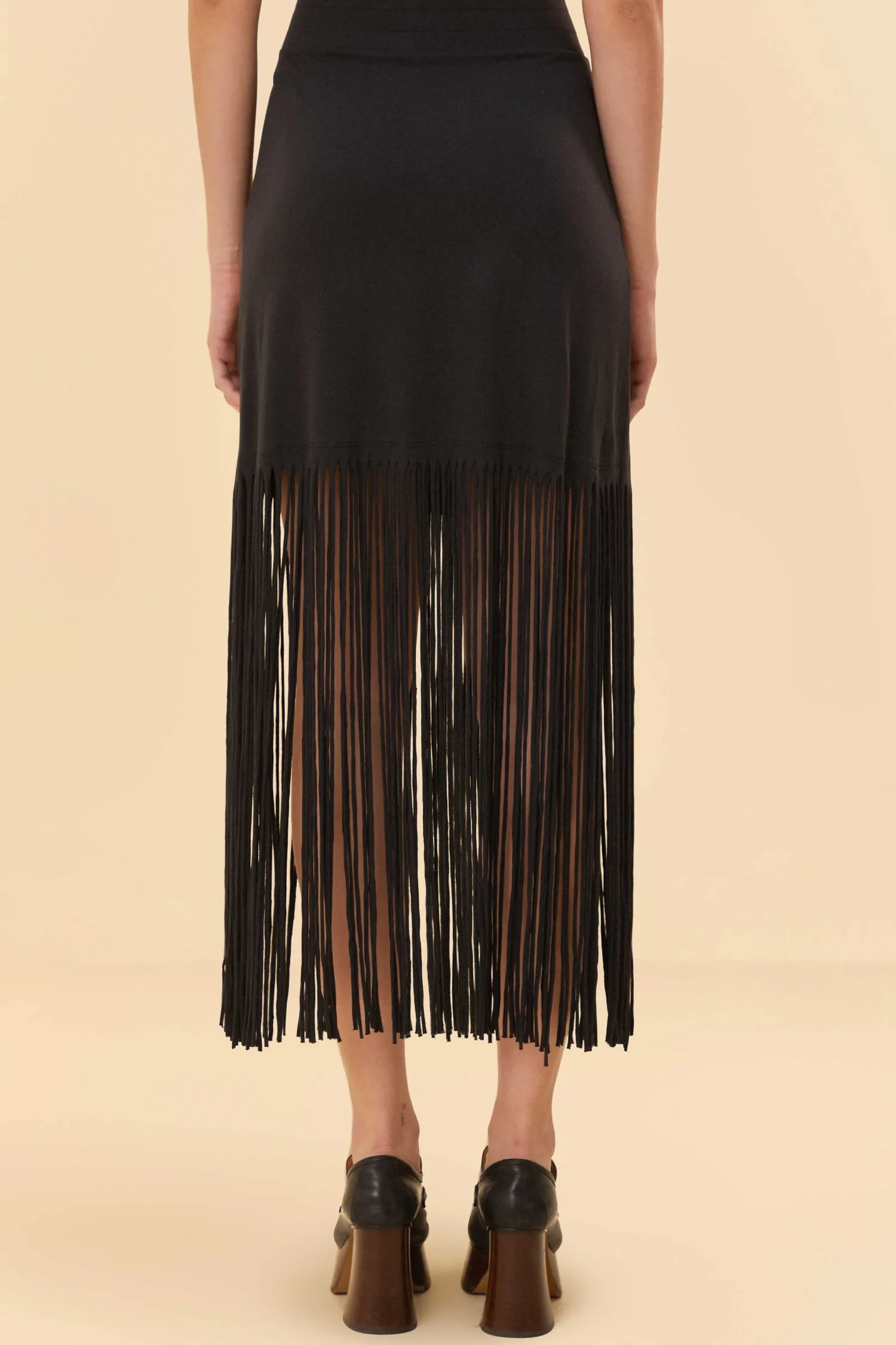 FARM Rio BLACK ORGANIC COTTON FRINGE MIDI SKIRT