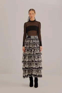 FARM Rio  BLACK PAISLEY BLOOM TIERED SKIRT