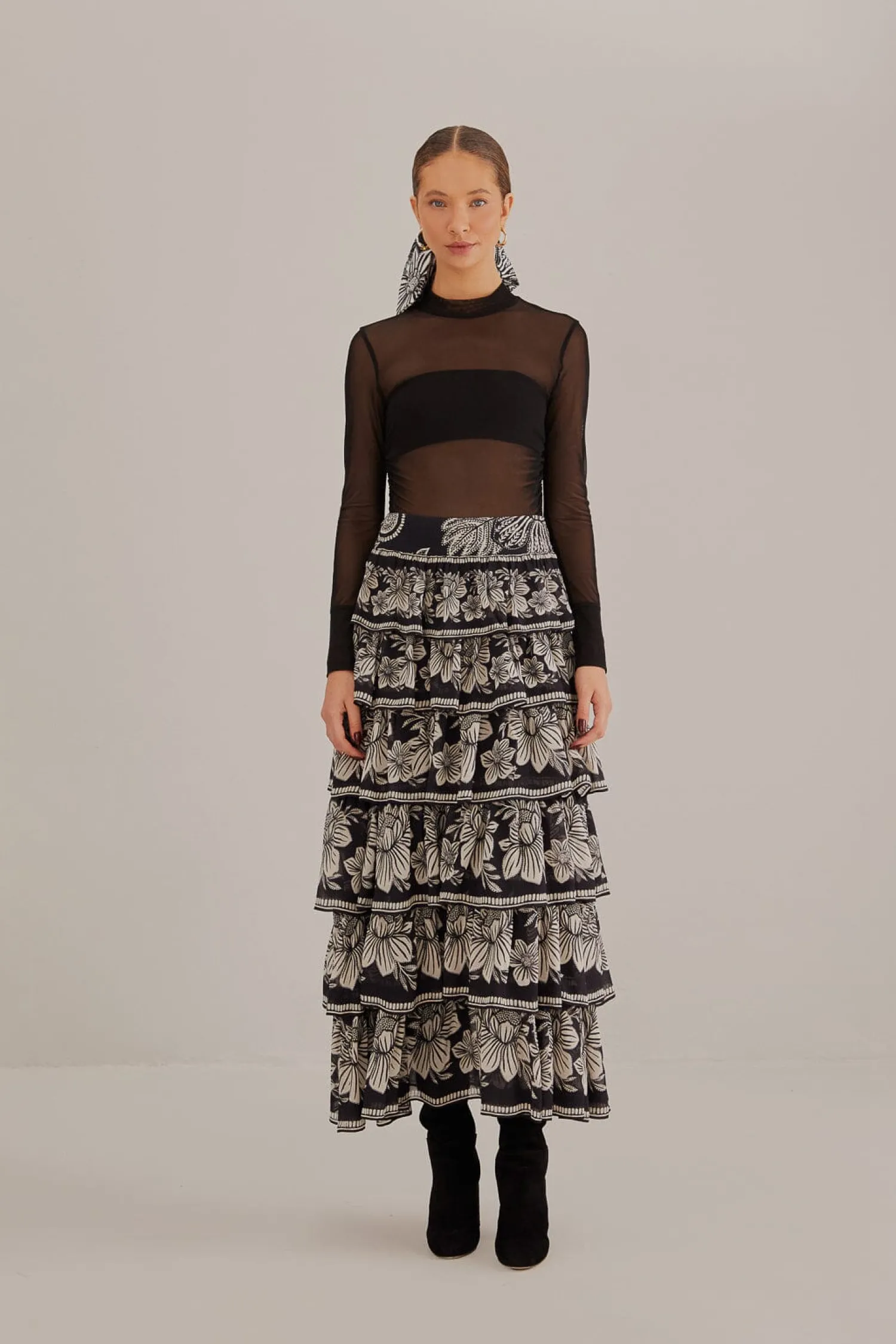 FARM Rio BLACK PAISLEY BLOOM TIERED SKIRT