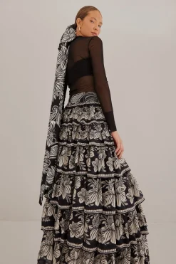 FARM Rio  BLACK PAISLEY BLOOM TIERED SKIRT