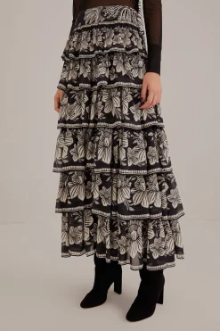 FARM Rio BLACK PAISLEY BLOOM TIERED SKIRT