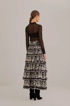 FARM Rio BLACK PAISLEY BLOOM TIERED SKIRT