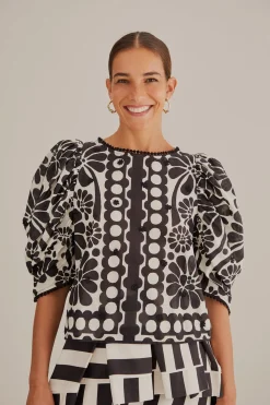 FARM Rio BLACK PALERMO PUFF SLEEVE BLOUSE