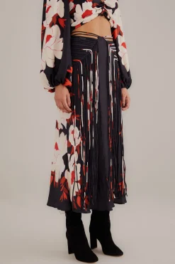 FARM Rio  BLACK PEONY FRINGE MIDI SKIRT