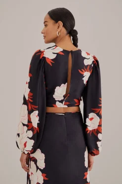 FARM Rio  BLACK PEONY LONG SLEEVE BLOUSE