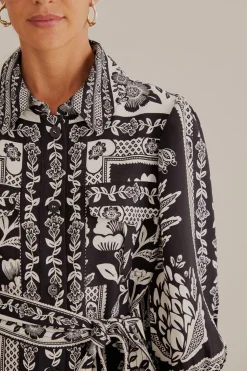 FARM Rio  BLACK PINEAPPLE GARDEN LONG SLEEVE SHIRTDRESS